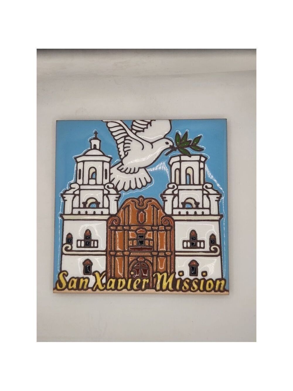 San Xavier Mission Signed Decorative Blue/White 6x6in Wall Tile New
